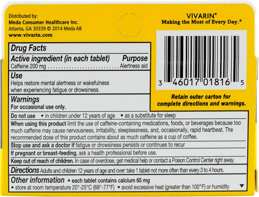 Vivarin 品牌警覺輔助劑,每盒 16 片(6 盒裝) Vivarin 品牌警覺輔助劑,每盒 16 片(6 盒裝) 1 片 0.5 公斤
