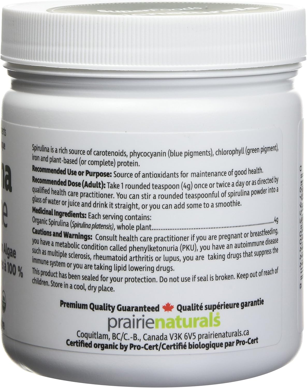 Prairie Naturals Organic Spirulina Blue Green Algae Powder - 200 Gram