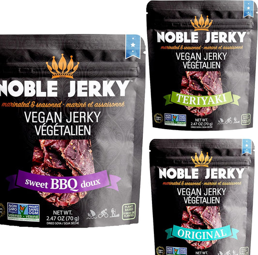 Noble Jerky - Vegan Jerky Variety Pack – Healthy Plant-Based Snacks, Vegetarian, Non-GMO, High Protein, 3 Flavours (BBQ, Teriyaki, Original), 3 Pack (70g Bags)
