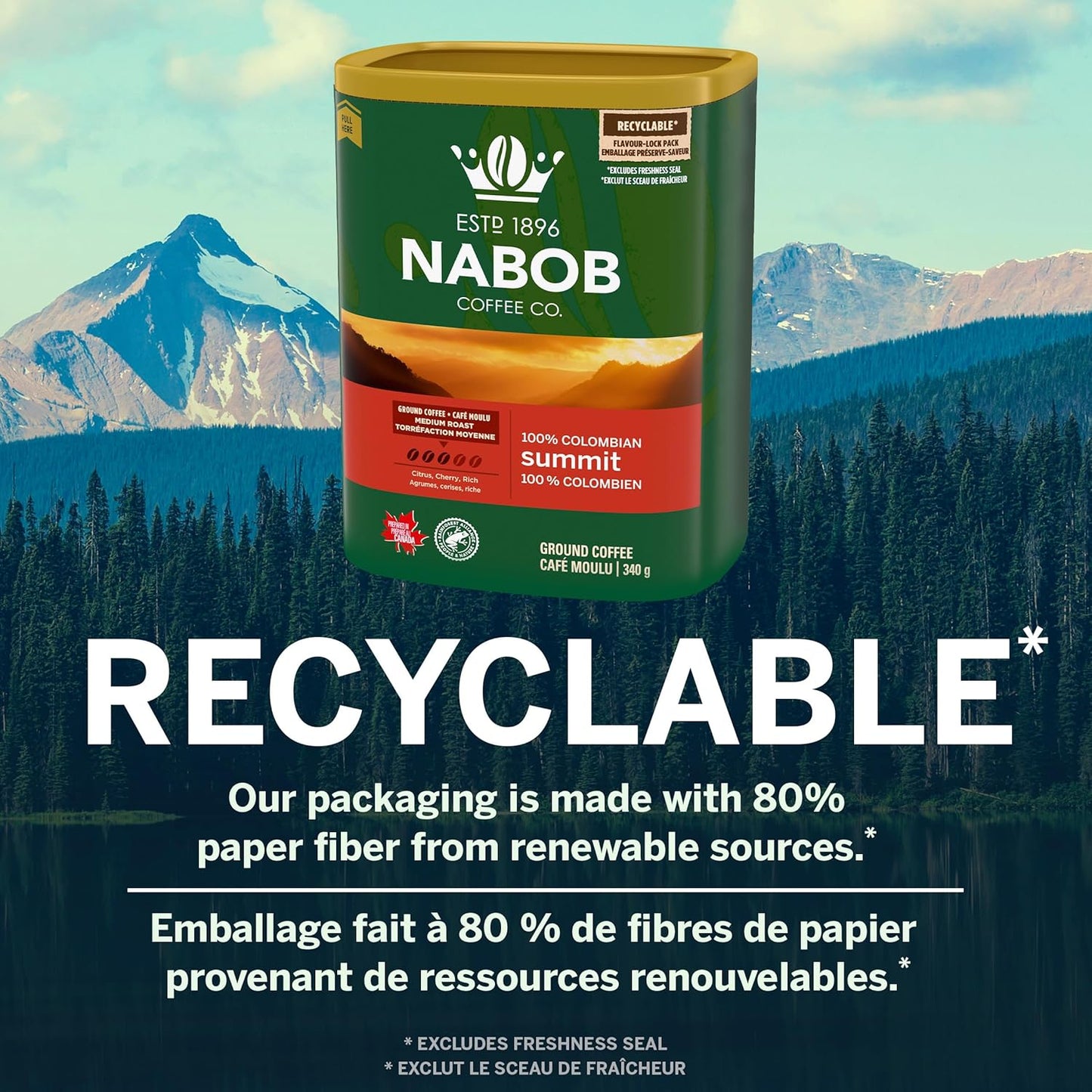 Nabob 中度烘焙 100% 哥伦比亚 Summit 研磨咖啡,340 克罐装