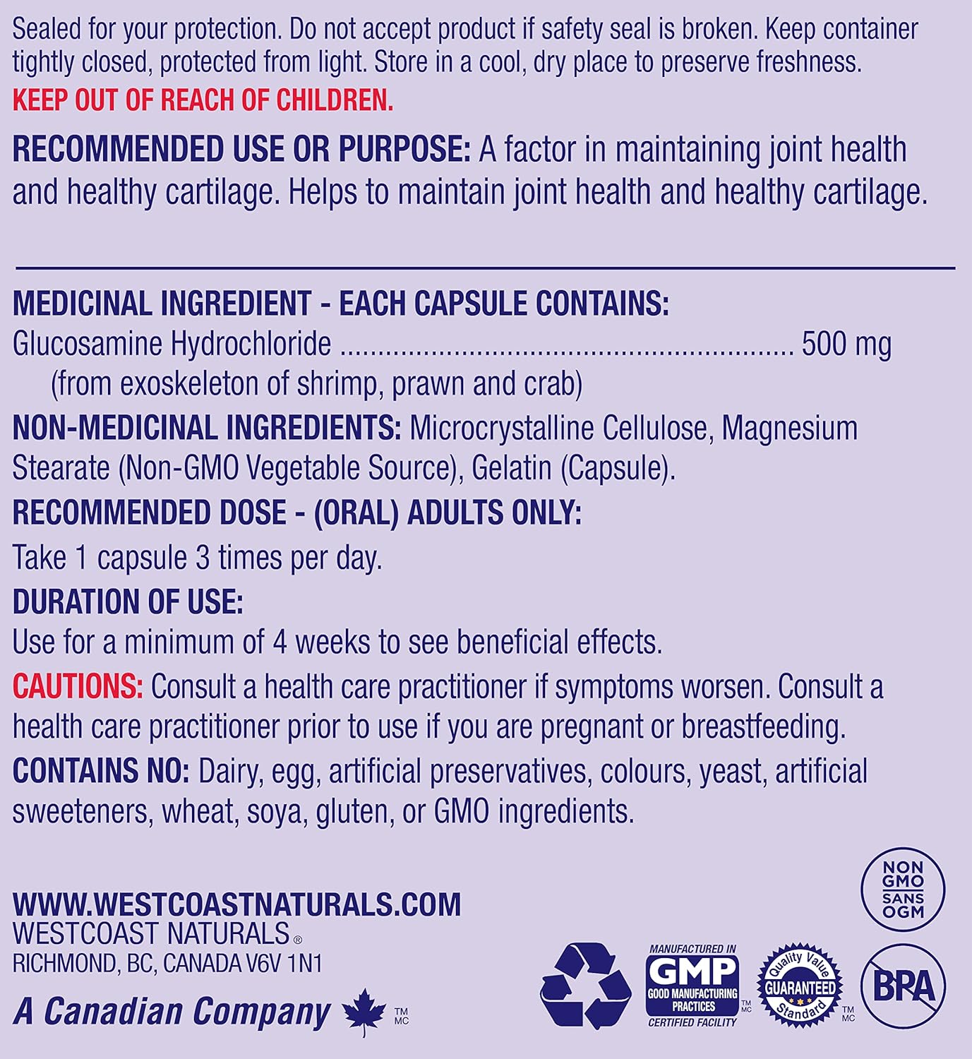 WESTCOAST NATURALS 鹽酸葡萄糖胺膠囊,200 粒