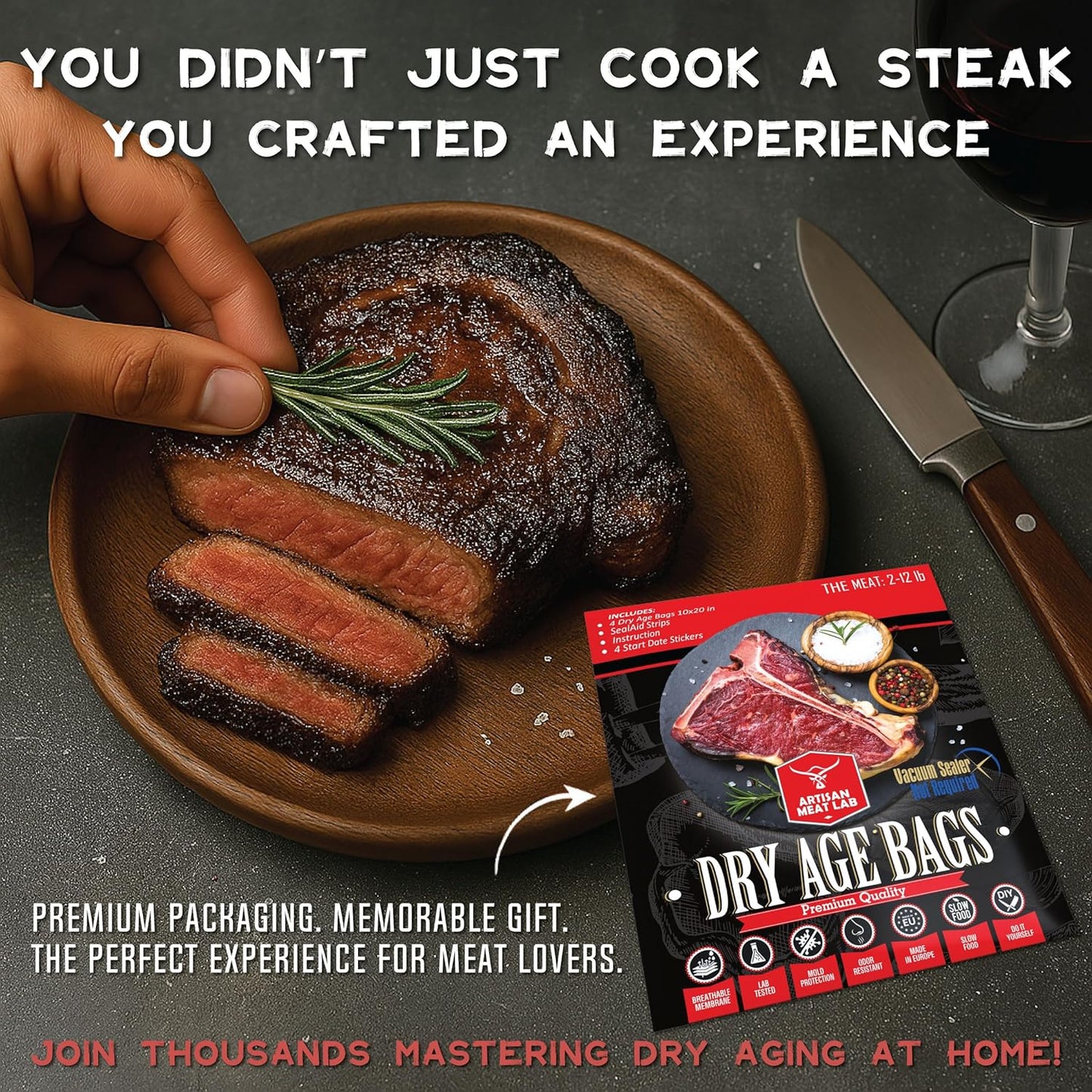 干式熟成袋透气膜套件,轻松制作美味的DIY熟成牛排。4件干式熟成袋套装 25x50厘米(10x20英寸)1-5公斤(2-12磅) - Artisan Meat LAB