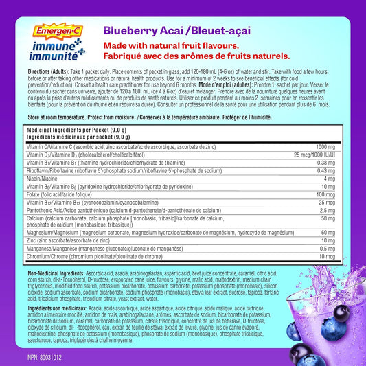 Emergen-C Immune+ 1000毫克维生素C粉剂补充剂,饮料混合物,免疫系统增强剂,蓝莓巴西莓味,24包