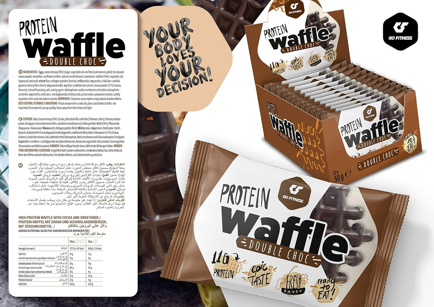 GoFitness Protein Waffle - Ready to Eat - Double Chocolate Flavour - 11g Protein - 12x50g (Pack of 12)
