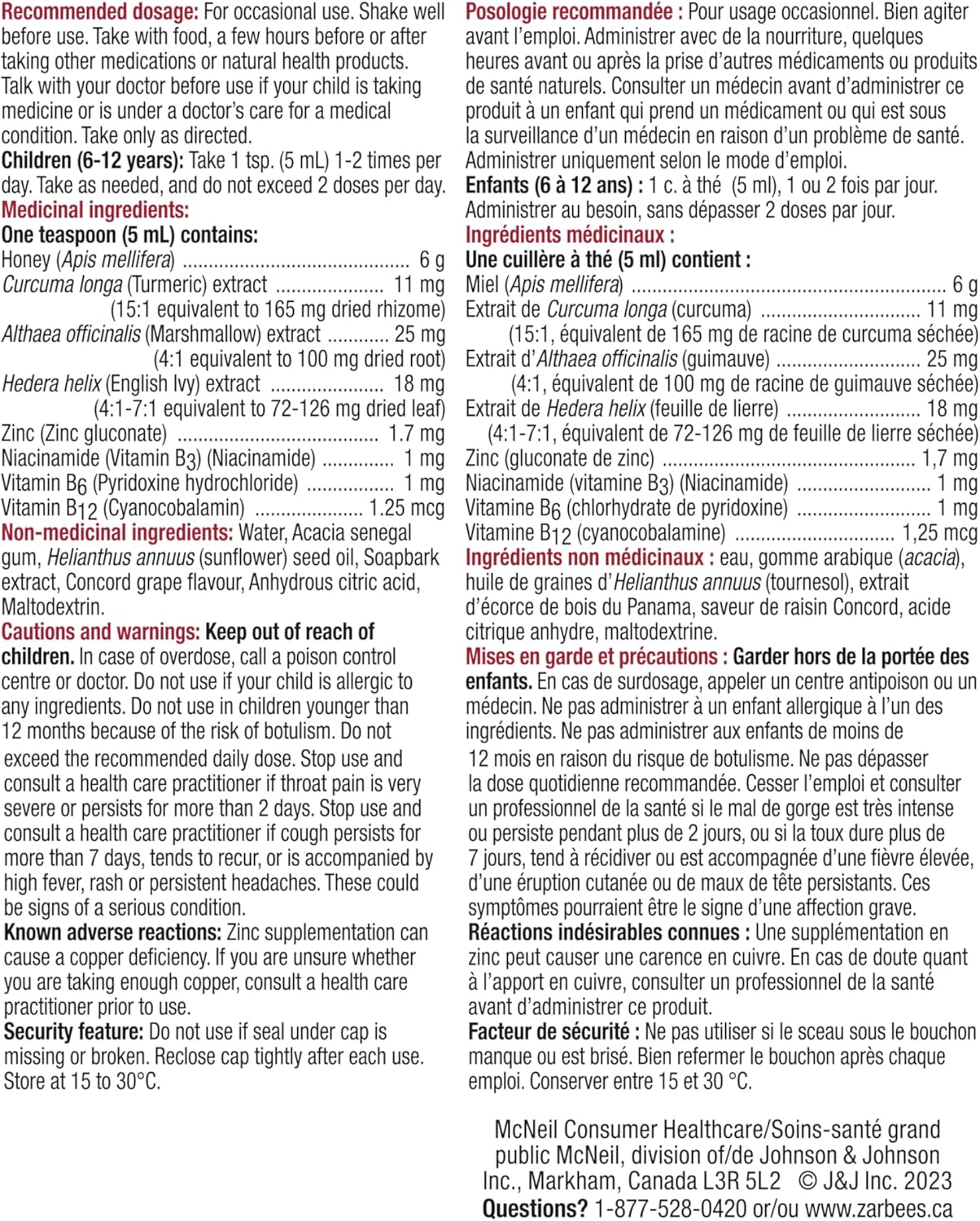 Zarbee’s® 儿童夜间全面止咳感冒糖浆,适用于 6 岁以上儿童,蜂蜜、洋甘菊、常春藤叶提取物、锌和姜黄根,无色素,葡萄味,118 毫升