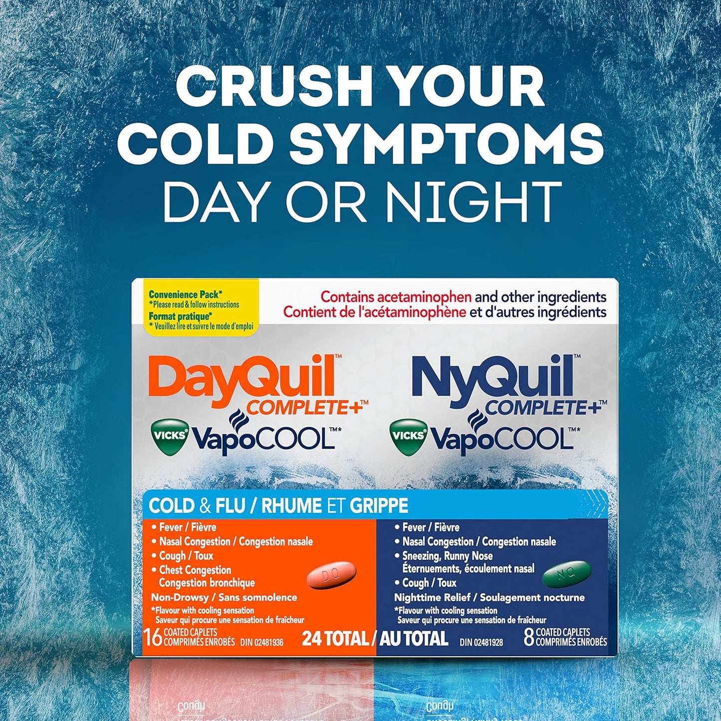 Vicks DayQuil COMPLETE Vicks VapoCOOL 感冒和流感药,不引起困倦,白天缓解多种症状,用于止咳、缓解鼻塞,24 粒胶囊