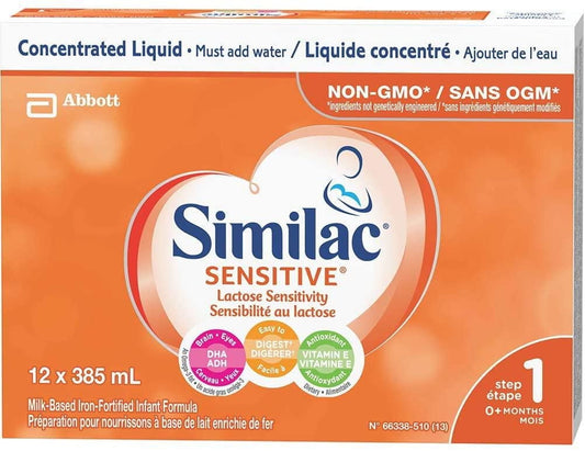 Similac 敏感婴儿配方奶粉,非转基因乳糖敏感婴儿配方奶粉,浓缩液,0+ 个月,12x385 毫升,12 x 385 毫升