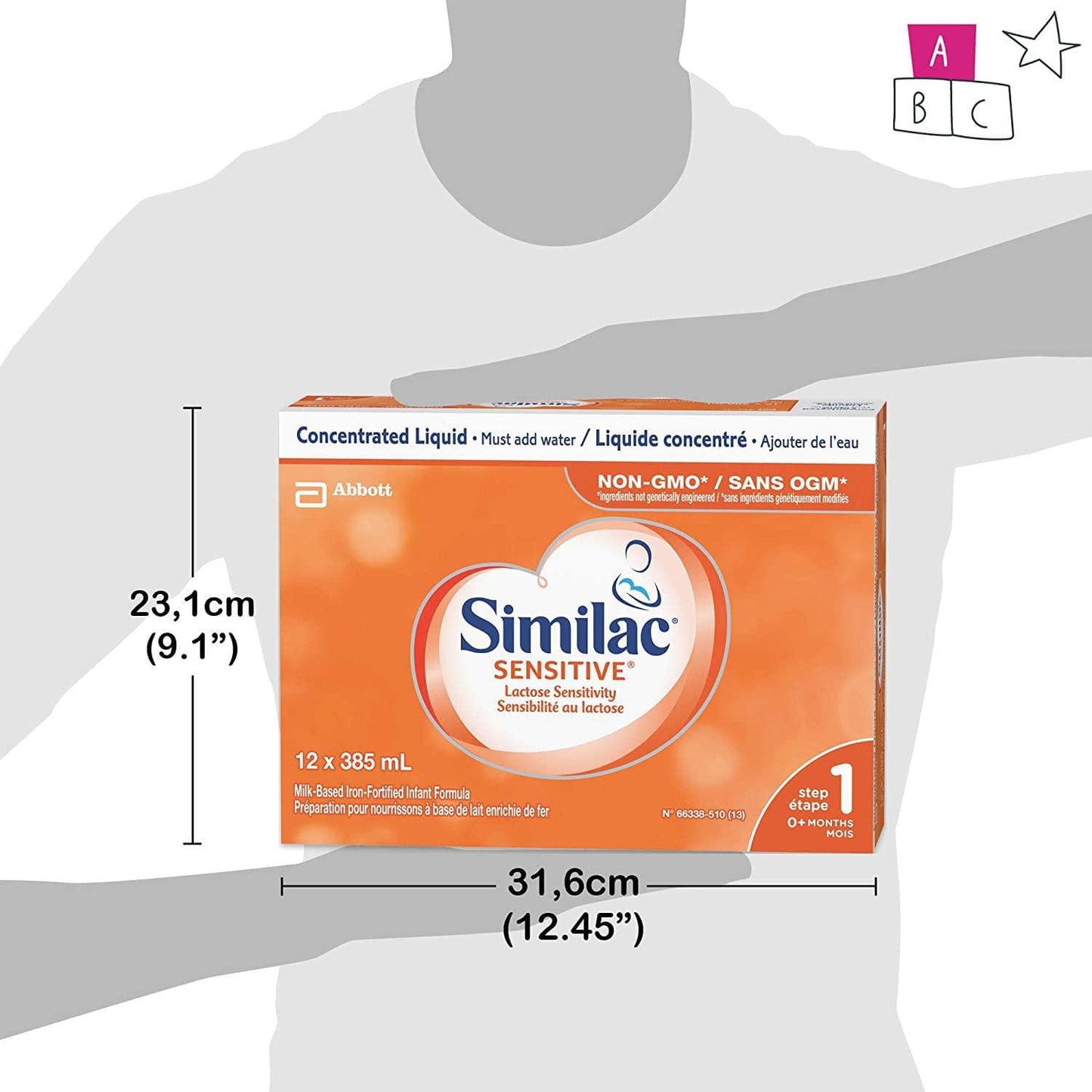 Similac 敏感嬰兒配方奶粉,非基因改造乳糖敏感嬰兒配方奶粉,濃縮液,0+ 個月,12x385 毫升,12 x 385 毫升