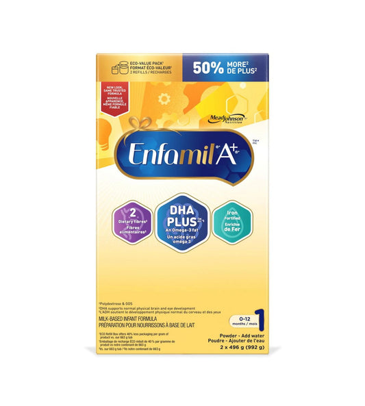 Enfamil A+,嬰兒配方奶粉,超值裝,補充裝,DHA(一種 Omega-3 脂肪),有助於支持大腦發育,適合年齡 0-12 個月,992 克,2 x 496 克