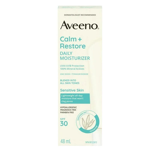 004Aveeno® Calm + Restore 日常保濕霜，SPF 30，100% 礦物質活性成分，廣譜，不致粉刺敏感肌膚，燕麥，低過敏，無香料，48 mL