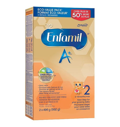 Enfamil A+ 2 婴儿配方奶粉，专为 6-18 个月大的婴儿设计，含有 DHA——大脑的重要组成部分，超值装，补充装，992 克，2 x 496 克