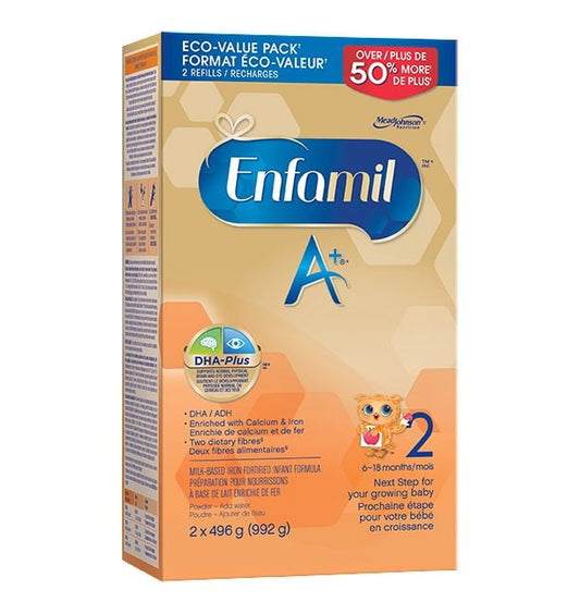 Enfamil A+ 2 嬰兒配方奶粉，專為 6-18 個月大的嬰兒設計，含有 DHA——大腦的重要組成部分，超值裝，補充裝，992 克，2 x 496 克