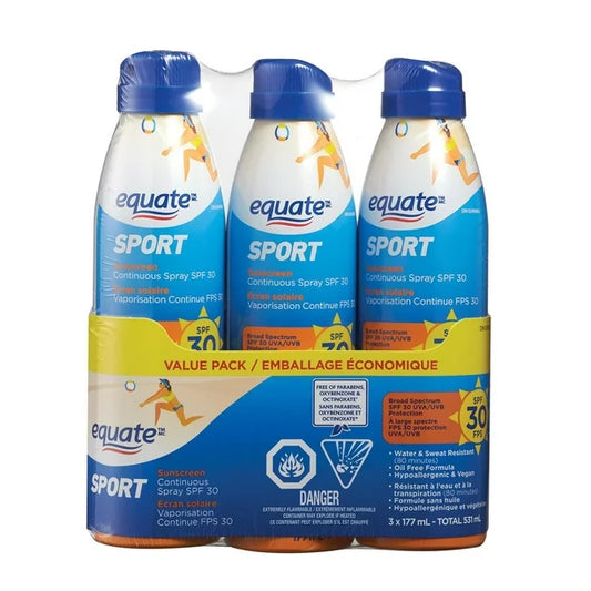 004 Equate Sport SPF 30 連續噴霧防曬霜，3x177mL