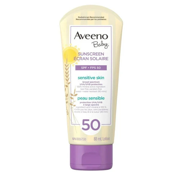 004  Aveeno 嬰兒礦物防曬乳液 SPF 50 - 100% 天然氧化鋅，適合敏感肌膚 - 防水，88 毫升