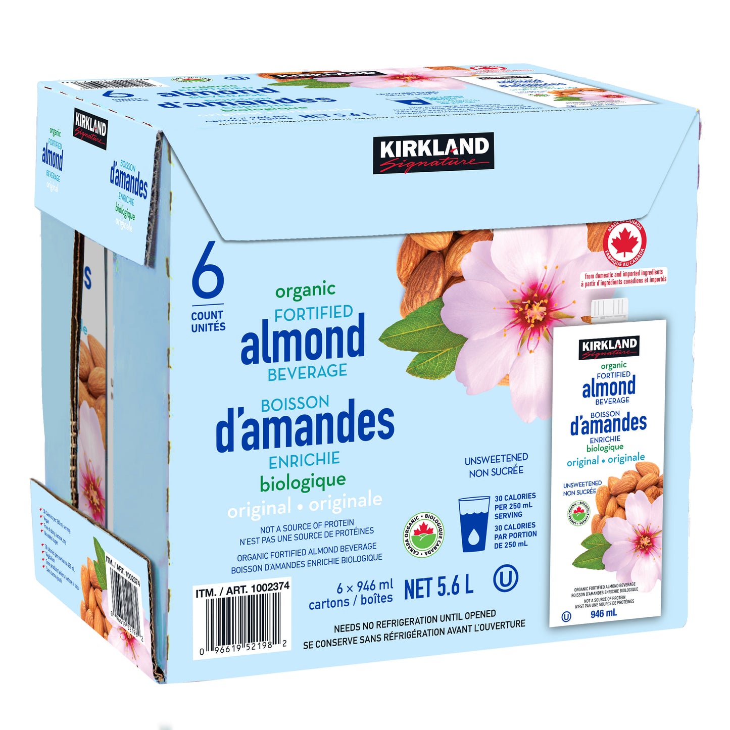 Kirkland Signature 有機杏仁飲料（原味），6 × 946 毫升