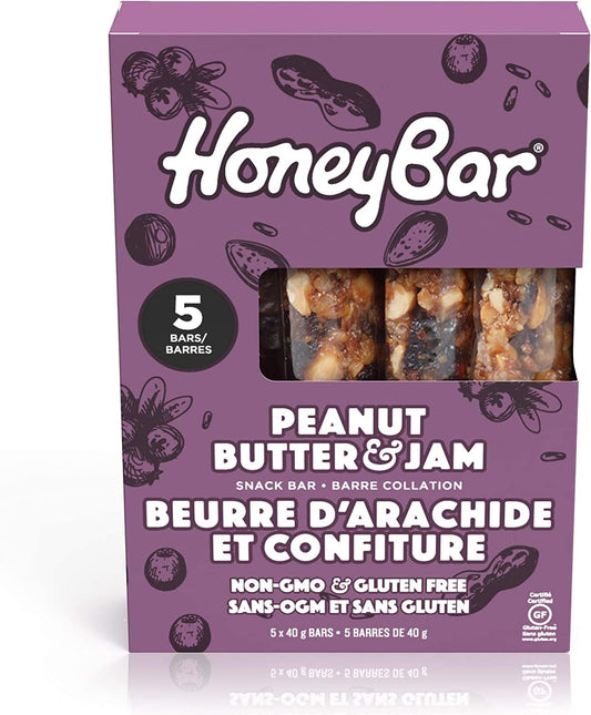 HoneyBar 零食棒，無麩質，非轉基因，素食，40 克，5 片（花生醬和果醬，5 片（1 包））