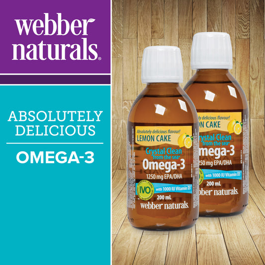 Webber Naturals 水晶净澈海洋系列 - Omega-3 液体 1250 毫克 EPA/DHA 1000 国际单位 维生素 D3 - 2 x 200 毫升 柠檬蛋糕口味