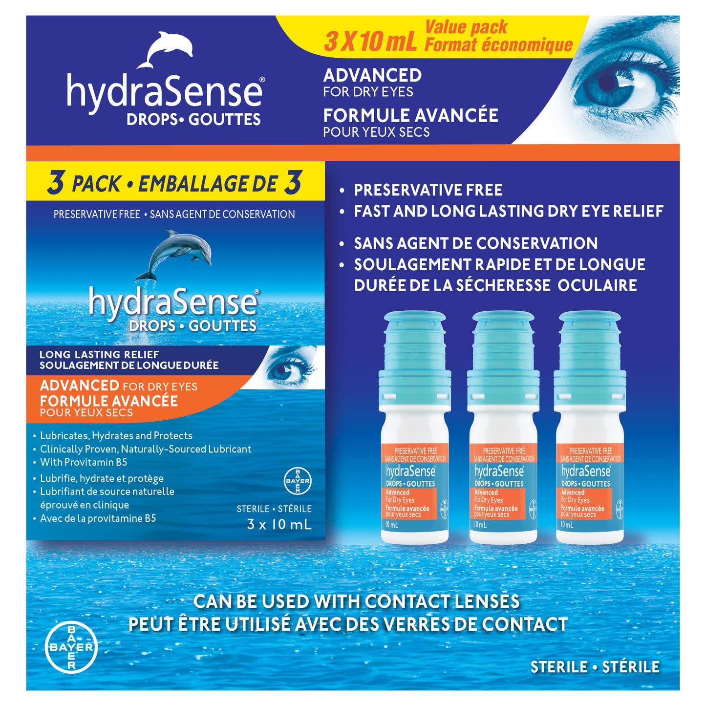 HydraSense 高级干眼滴眼液，3 x 10 毫升