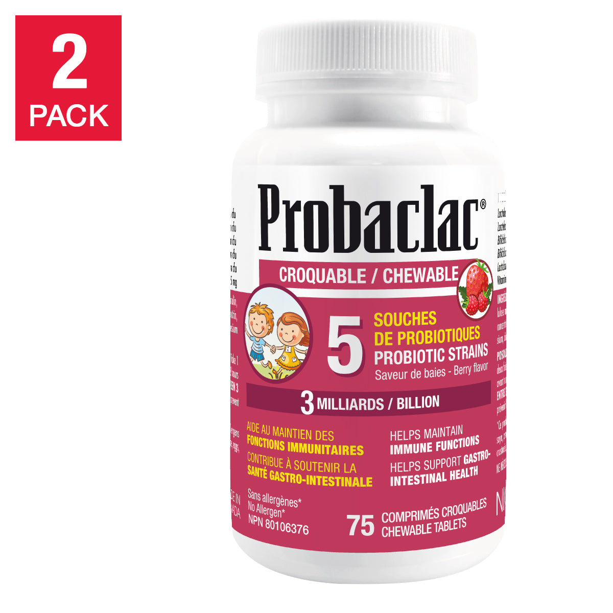Probaclac 兒童咀嚼益生菌（含維生素 C）- 5 種菌株 - 30 億活性菌 - 2 x 75 片