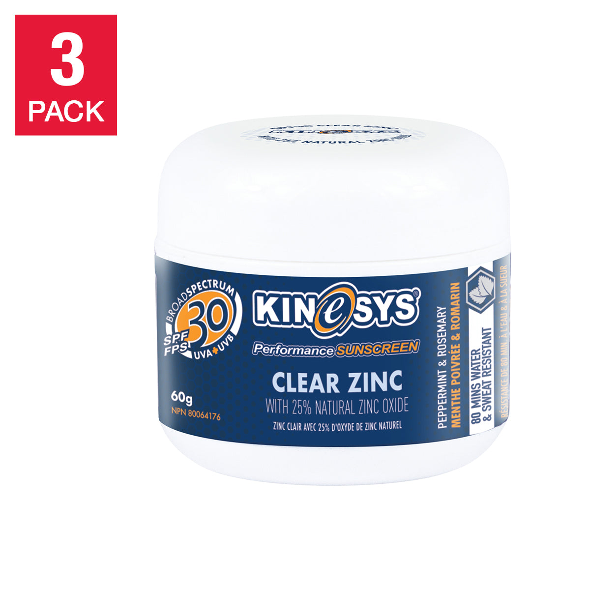 KINeSYS 透明防晒霜（含25%氧化锌，SPF 30），3 x 60克
