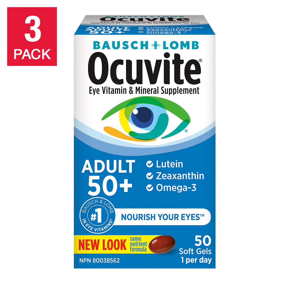 Ocuvite 成人 50+ 护眼维生素和矿物质补充剂，3 x 50 粒软胶囊