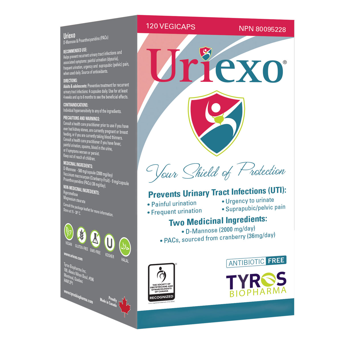 Uriexo 素食膠囊 – 用於治療泌尿道感染 (UTI)，不含抗生素，含 D-甘露糖和原花青素 (PACs)，2 x 120 粒素食膠囊