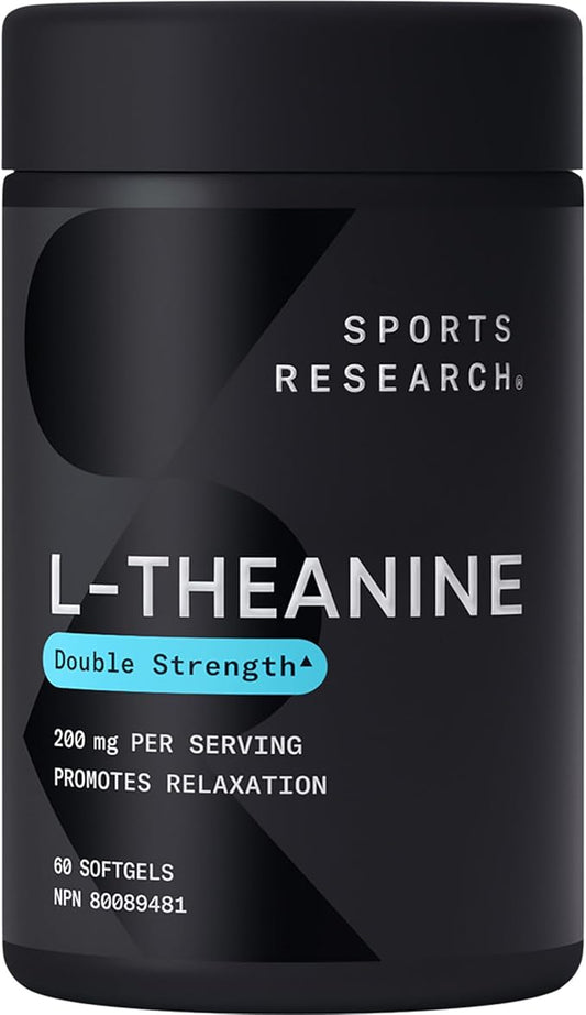 002  Sports Research 雙倍強度「Suntheanine」L-茶氨酸與有機椰子油 - 促進警覺性、注意力和放鬆，無困倦 - 200 毫克 L 茶氨酸補充劑 - 60 粒軟膠囊