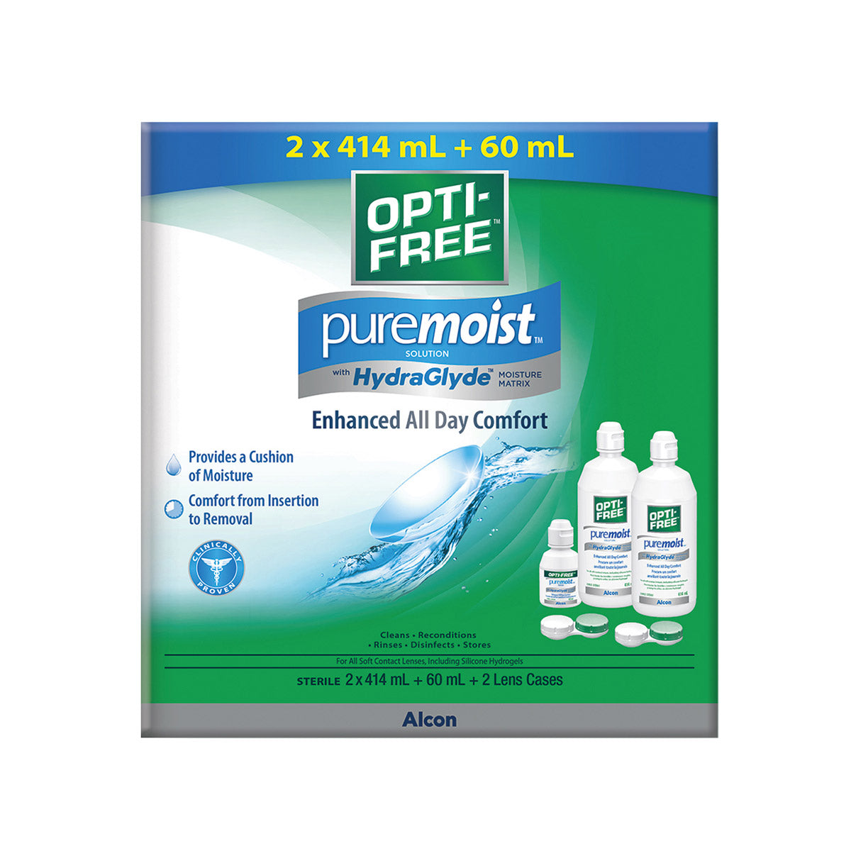 Opti-Free PureMoist 隐形眼镜护理液，2 x 414 毫升 + 60 毫升
