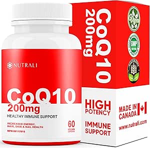 002  全新Nutrali CoQ10 泛醌補充劑– 強大的200 毫克高效膠囊，輔酶q10 改善心臟健康，增加能量和運動表現，減少偏頭痛，是一種強大的抗氧化劑，無麩質，非轉基因，素食主義者- 60 粒膠囊