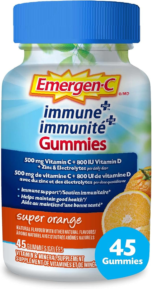 002  Emergen-C Immune+ 500 毫克維生素 C 軟糖補充劑，免疫系統增強劑，超級橙子，45 粒軟糖