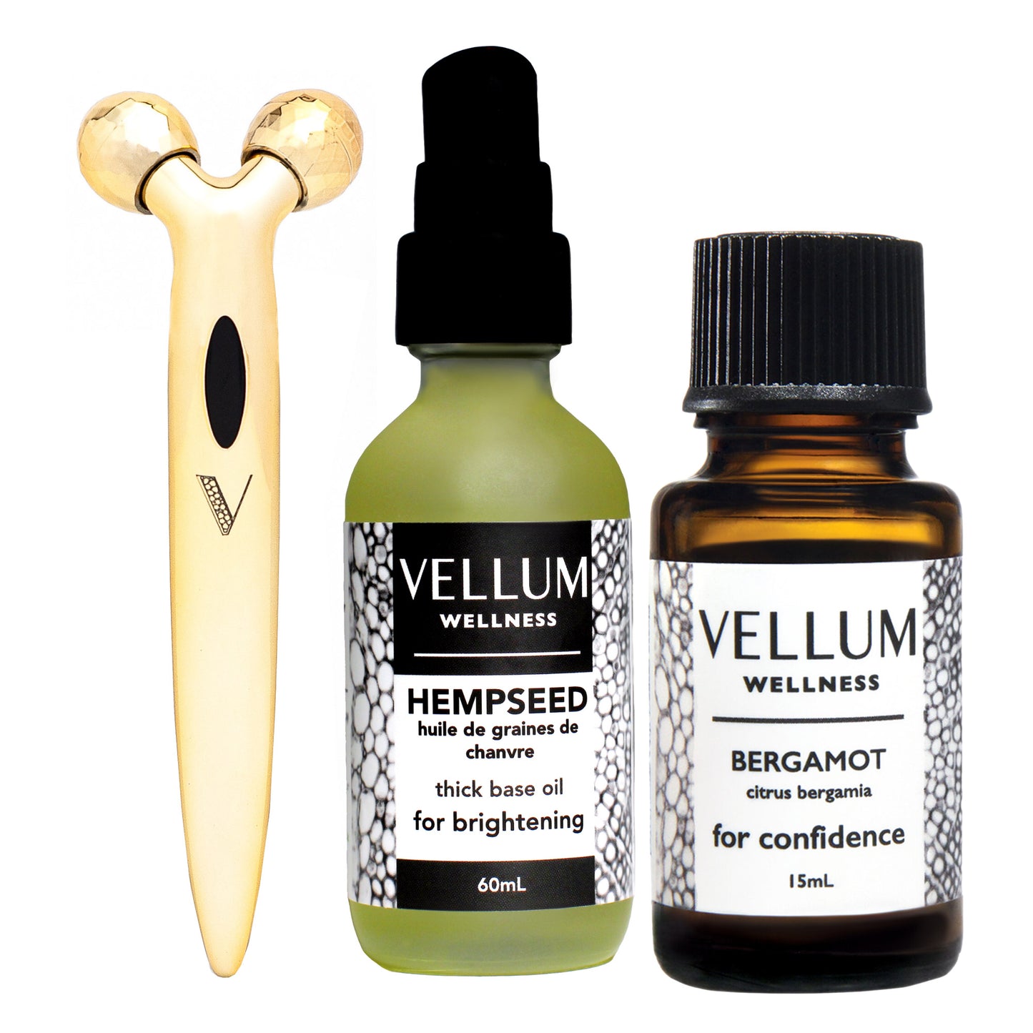 Vellum Wellness 成熟肌膚保養套裝，含精油和臉部按摩滾輪