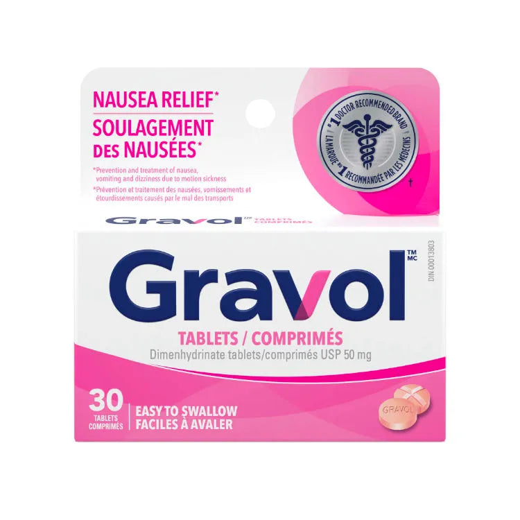 006 加拿大Gravol茶苯海明錠 50mg/30錠 防止噁心嘔吐 緩解胃部不適 可用於暈車暈船 醫師藥劑師推薦No. 1品牌