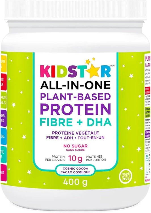 002 KidStar Nutrients - 多合一植物蛋白粉纤维 + DHA 宇宙可可味，400克 - 肌肉、组织、器官、骨骼、皮肤和指甲的构建模块 - 维生素和矿物质 - 无糖
