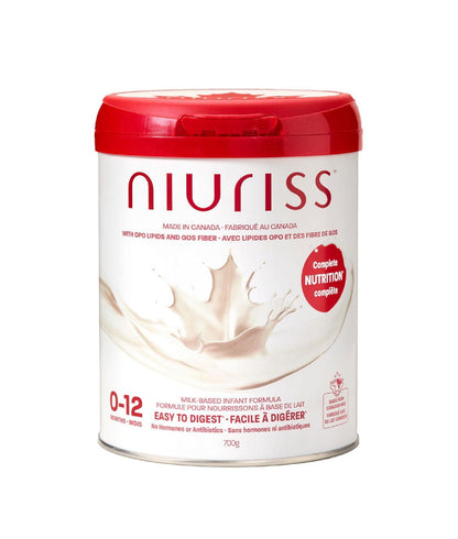 NIURISS 嬰兒配方奶粉 - 加拿大製造 - 含 OPO 脂質、GOS 纖維和加拿大牛奶的全面營養（不含激素和抗生素）- 0-12 個月，700 克，Niuriss 牛奶基嬰兒配方奶粉