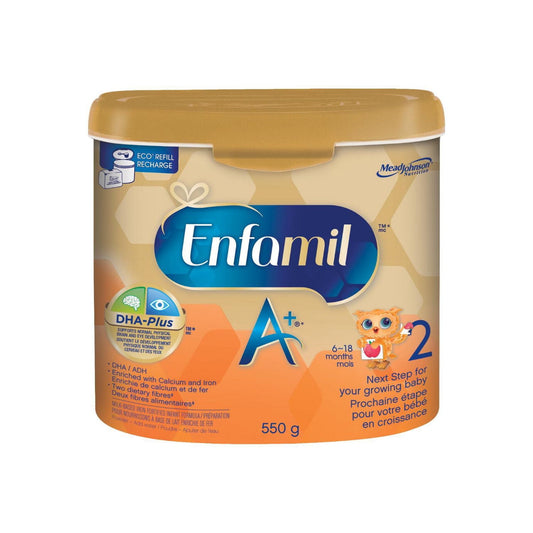 Enfamil A+ 2 嬰兒配方奶粉，專為 6-18 個月大的嬰兒設計，含有 DHA——大腦的重要組成部分，環保奶粉桶裝，550 克，550 克