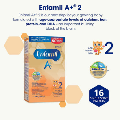 Enfamil A+ 2 婴儿配方奶粉，专为 6-18 个月大的婴儿设计，含有 DHA——大脑的重要组成部分，超值装，补充装，992 克，2 x 496 克