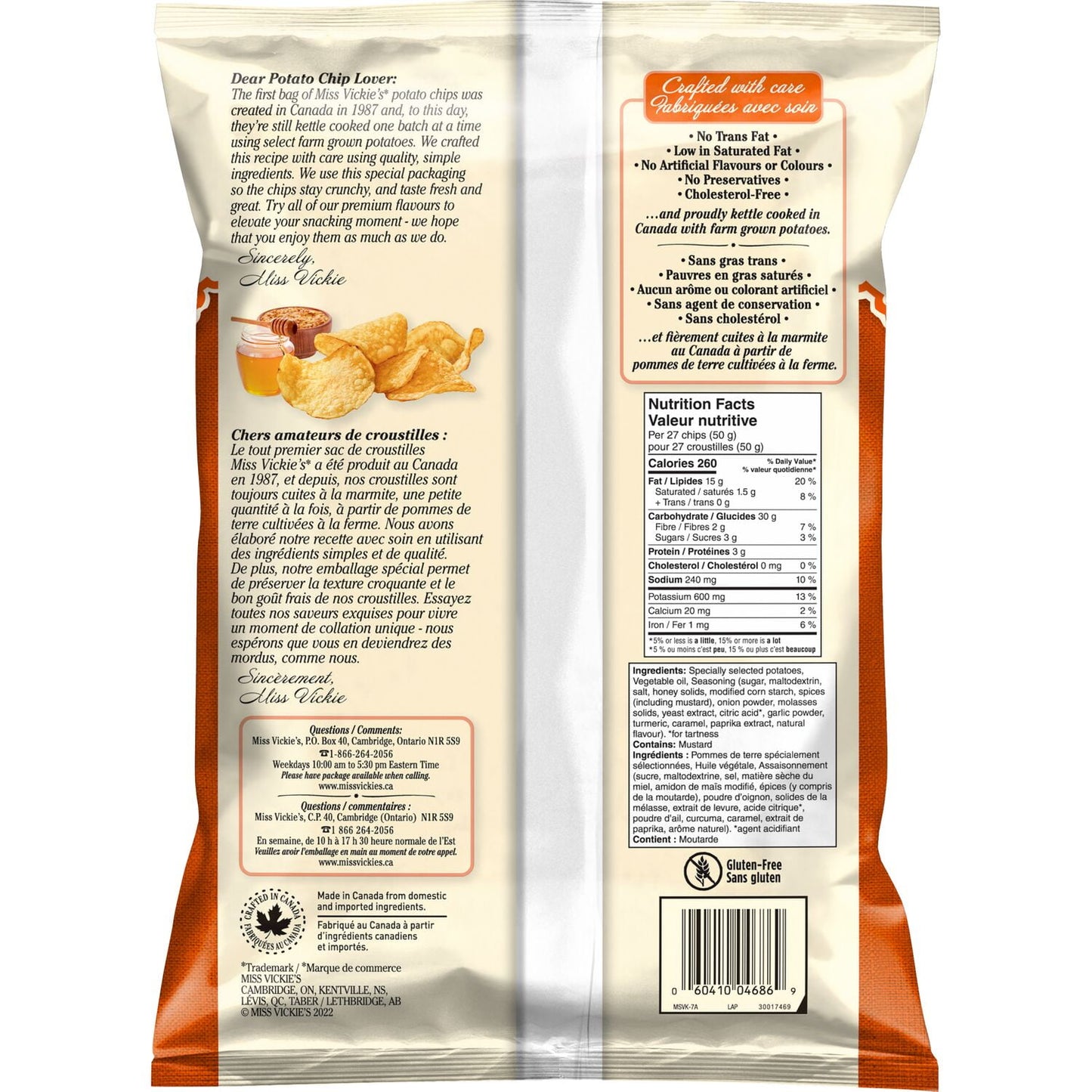 Miss Vickie's Honey Dijon flavour Kettle Cooked Potato Chips, 200 g.