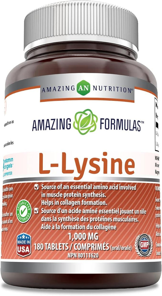 002  Amazing Nutrition Amazing Formulas L-賴氨酸 - 1000 毫克氨基酸維生素片 - 常用於唇皰疹、帶狀皰疹、免疫支持、呼吸系統健康等 - 每瓶 180 粒素食片