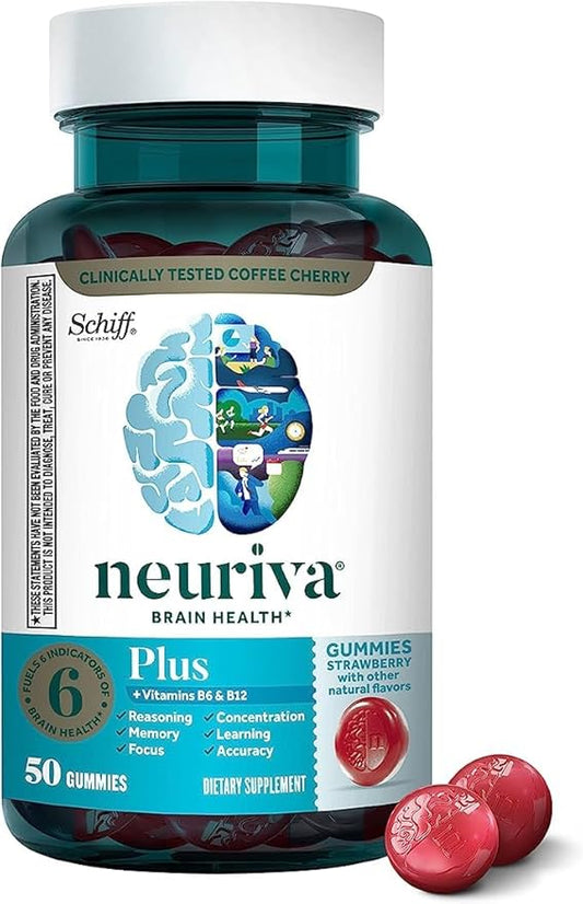 002 NEURIVAPlusBrain，NEURIVABrainPlus 记忆力、注意力和专注力 + 认知功能补充剂，含有维生素 B6 和 B12 以及经过临床测试的促智药磷脂酰丝氨酸和神经因子，50 克拉草莓软糖