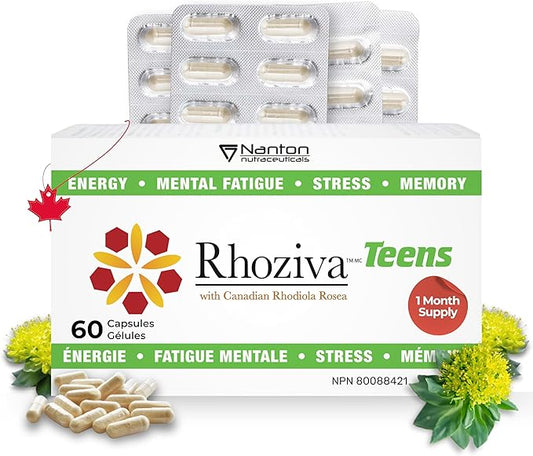 002 Nanton Nutraceuticals Rhoziva 青少年大脑补充剂，支持记忆力和注意力 | 天然减压 | 红景天、假马齿苋 + 维生素 | 素食和无麸质 | 80毫克 | 60粒
