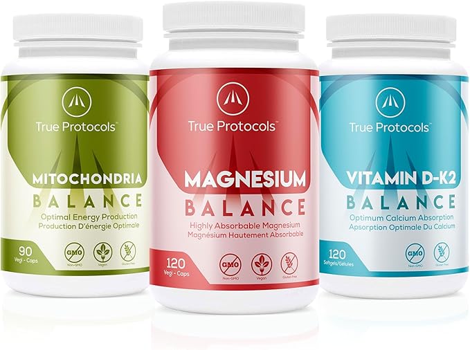 002 TRUE PROTOCOLS - Muscle Protocol+ (3-Count) - Magnesium Balance, Vitamin D-K2 Balance, and Mitochondrial Balance - Bioavailable Capsules for Optimal Muscle Function, Bone Health, and Energy - 100% Non-GMO Supplement