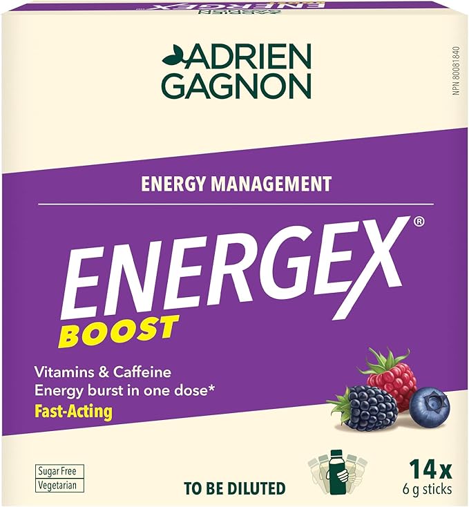 002  Adrien Gagnon - Energex Boost - 無糖粉末 - 速效能量爆發 - 維生素和礦物質、電解質和咖啡因 - 漿果味 -14 支