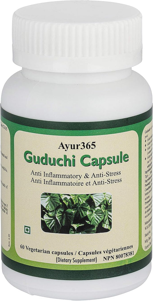 002  Ayur365 Guduchi 膠囊，用於緩解壓力、補充能量並幫助退燒 60 克拉。