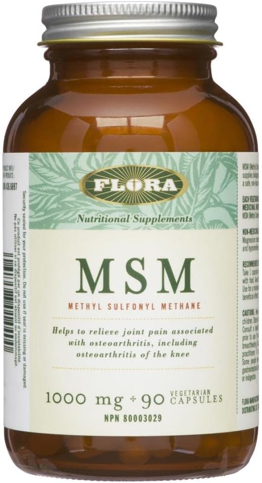 002 Flora Health MSM 1000毫克 - 甲基磺酰甲烷，生物活性硫，纯素，专利和临床研究，有助于缓解骨关节炎疼痛，90粒素食胶囊玻璃瓶