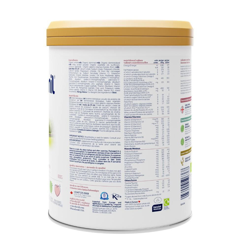 肯多蜜兒有機全脂嬰兒配方奶粉，歐洲製造，含 HMO、益生元、不含棕櫚油或大豆，含 DHA，800 克，0-12 個月，肯多蜜兒有機嬰兒配方奶粉