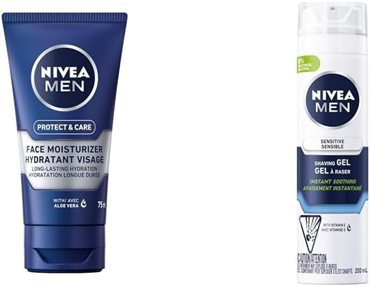 NIVEA MEN Protect & Care Face Moisturizer, 75ml & NIVEA Men Sensitive Skin Shaving Gel (200mL), Shaving Gel for Sensitive Skin, Allows for a Close Razor Shave and Leaves an Instant Soothing Sensation