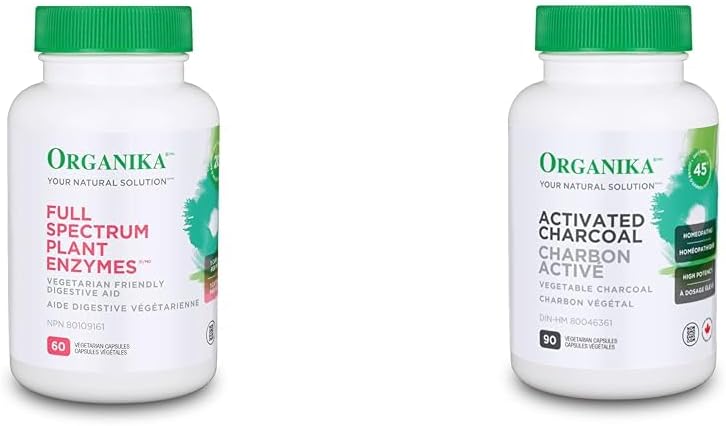 Organika 全譜植物酵素 - 幫助分解碳水化合物、脂肪、蛋白質、乳製品 - 60 粒素食膠囊 & 活性碳 - 順勢療法木炭，消化支持，排毒，脹氣和腹脹支持 - 90 粒素食膠囊