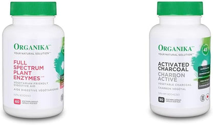 Organika 全譜植物酵素 - 幫助分解碳水化合物、脂肪、蛋白質、乳製品 - 60 粒素食膠囊 & 活性碳 - 順勢療法木炭，消化支持，排毒，脹氣和腹脹支持 - 90 粒素食膠囊