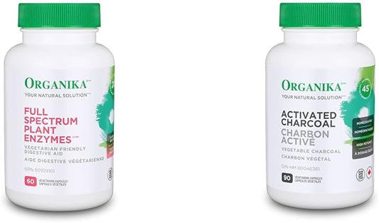 Organika 全譜植物酵素 - 幫助分解碳水化合物、脂肪、蛋白質、乳製品 - 60 粒素食膠囊 & 活性碳 - 順勢療法木炭，消化支持，排毒，脹氣和腹脹支持 - 90 粒素食膠囊