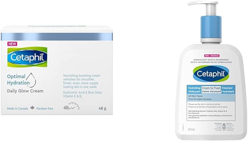 Cetaphil Optimal Hydration Daily Glow Cream for Sensitive, Dry and Dehydrated Skin & Cream to Foam Face Wash, Hydrating Foaming Cream Cleanser, For Normal to Dry